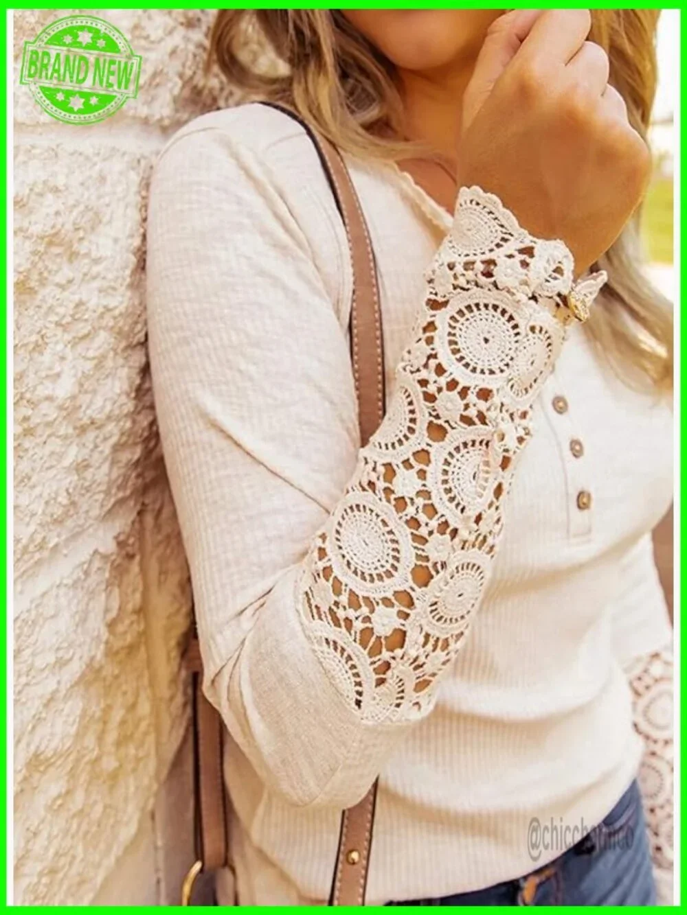 Women Long Sleeve V Neck Lace Button Shirt Top - Picture 4 of 7